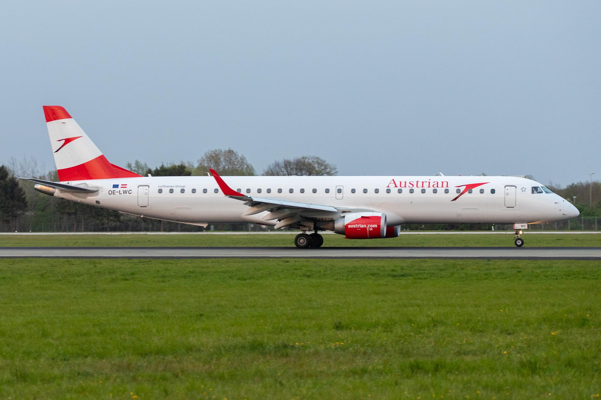 Hamburg Airport: Austrian Airlines (OS / AUA) |  Embraer E195LR E195 | OE-LWC | MSN 19000350