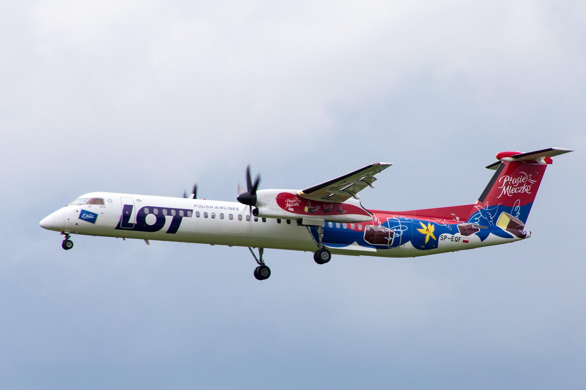 Hamburg Airport: LOT (LO / LOT) | Livery: Ptasie Mleczko Livery | De Havilland Canada Dash 8-400 DH8D | SP-EQF | MSN 4422