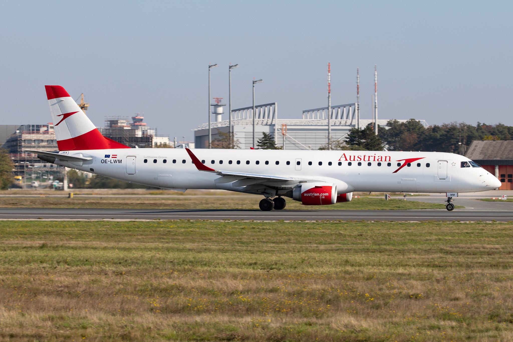 Frankfurt Airport: Austrian Airlines (OS / AUA) |  Embraer ERJ-195LR E195 | OE-LWM | MSN 19000542