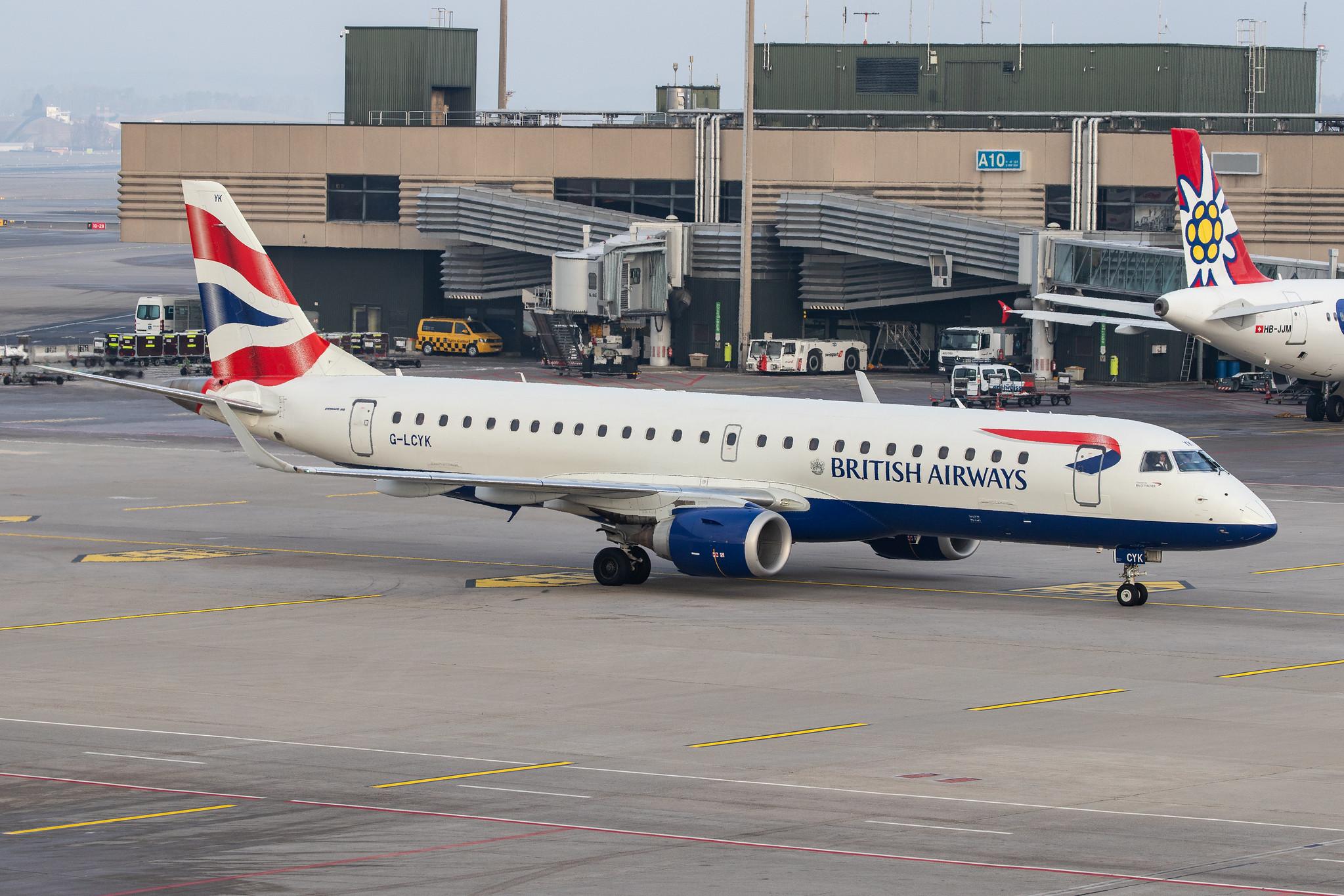 Flughafen Zürich: British Airways (BA / BAW) | Operator: BA CityFlyer |  Embraer E190SR E190 | G-LCYK | MSN 19000343