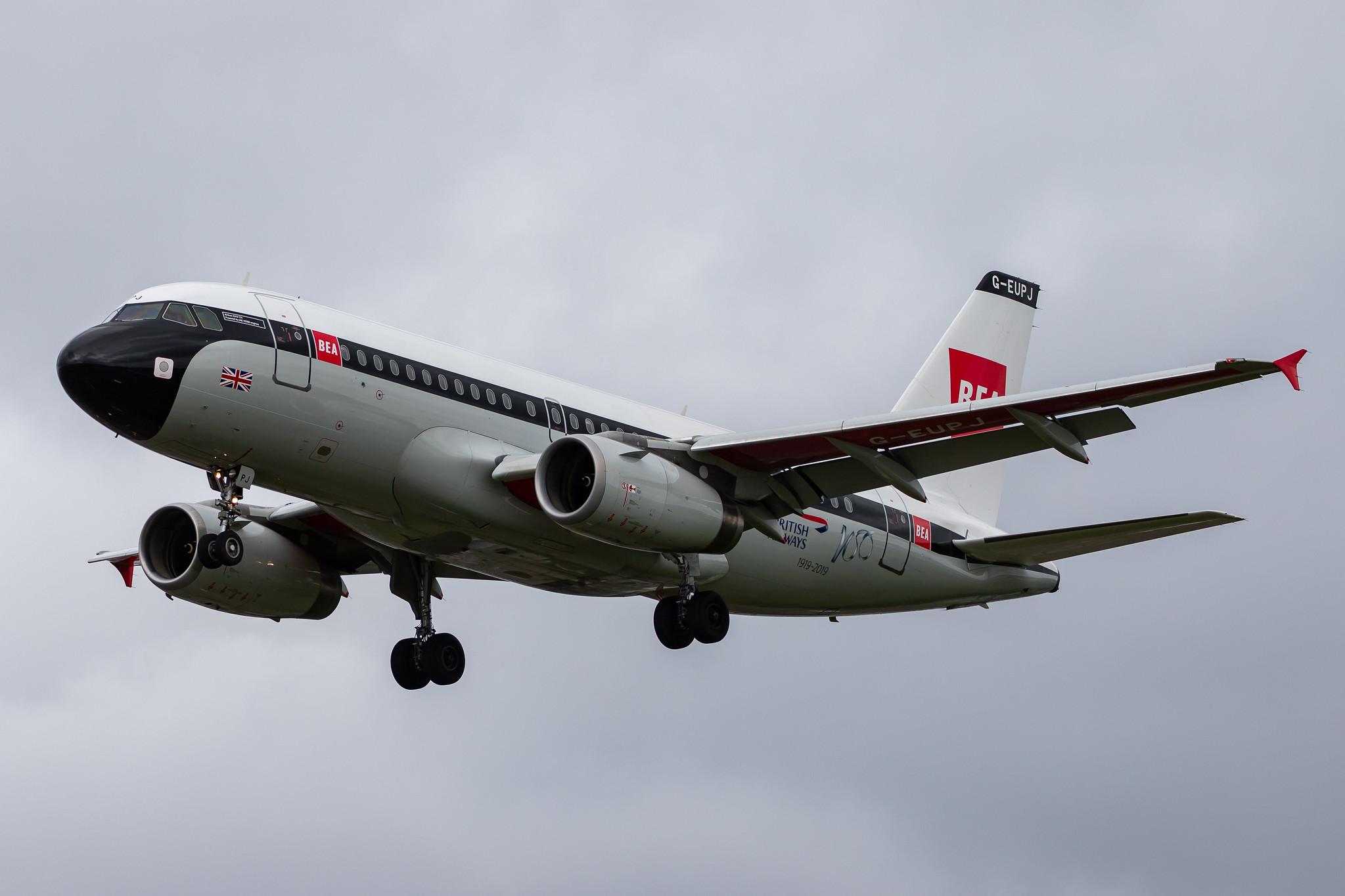 London Heathrow Airport: British Airways (BA / BAW) |  Livery: BEA Retro Livery |  Airbus A319-131 A319 | G-EUPJ | MSN 1232