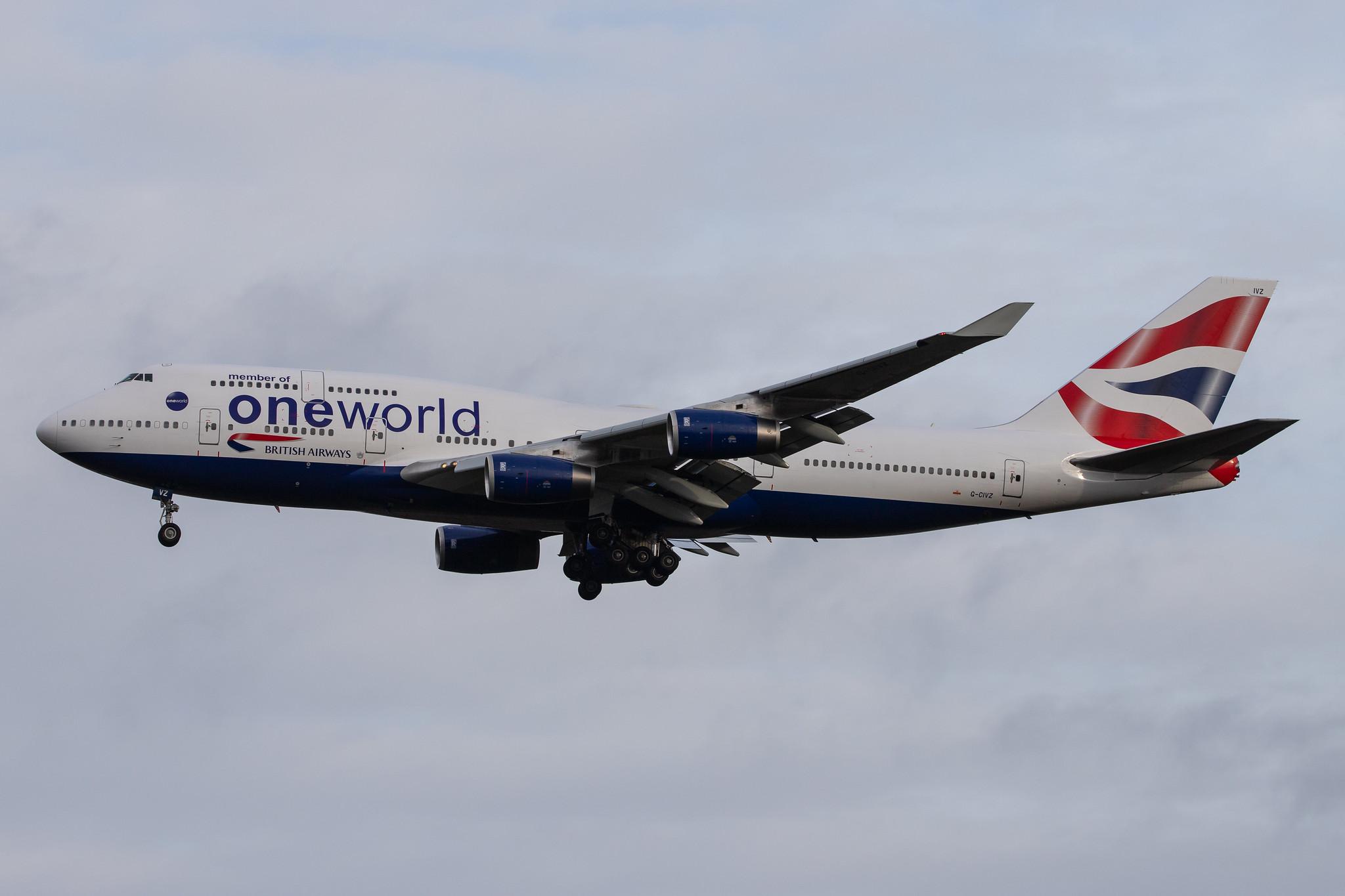 London Heathrow Airport: British Airways (BA / BAW) |  Livery: Oneworld livery |  Boeing 747-436 B744 | G-CIVZ | MSN 28854