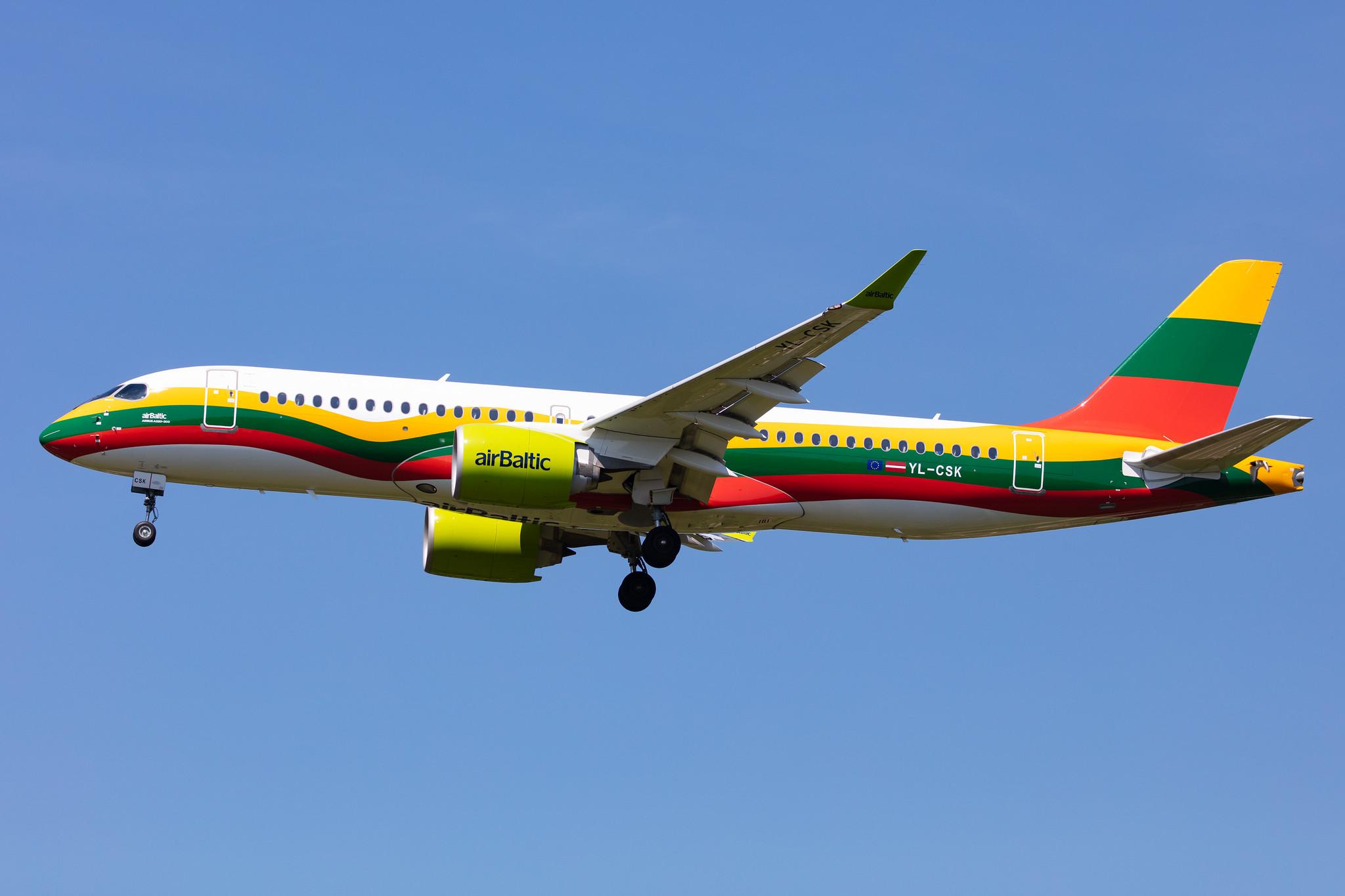 Air Baltic (BT / BTI) |  Livery: Lithuanian Flag Livery |  Airbus A220-300 BCS3 | YL-CSK | MSN 55039
