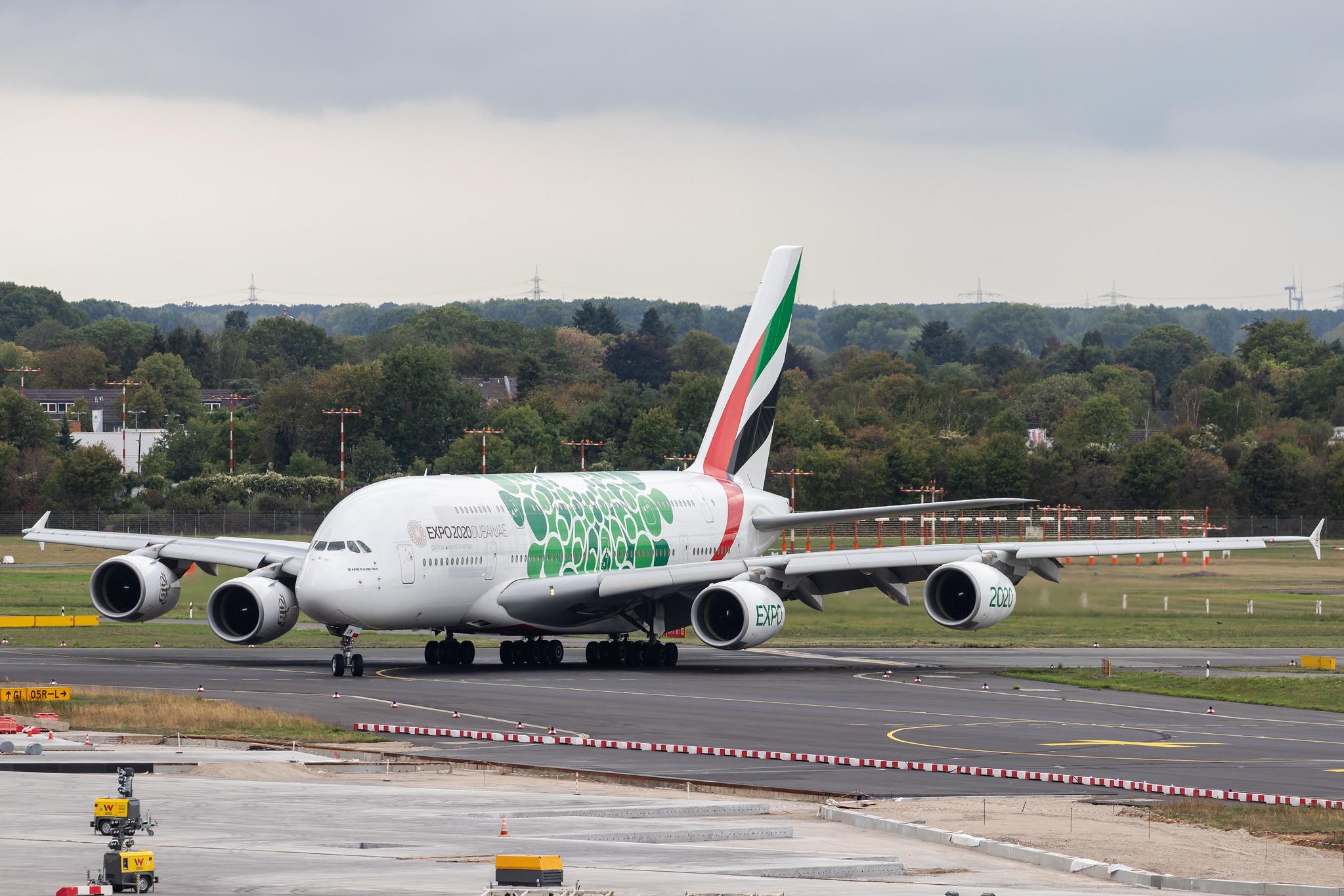 Düsseldorf Airport: Emirates (EK / UAE) |  Livery: Expo 2020 - Sustainability Livery |  Airbus A380-861 A388 | A6-EOW | MSN 207
