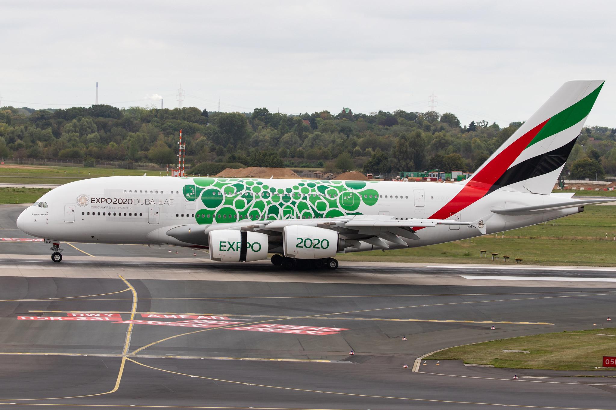 Düsseldorf Airport: Emirates (EK / UAE) |  Livery: Expo 2020 - Sustainability Livery |  Airbus A380-861 A388 | A6-EOW | MSN 207