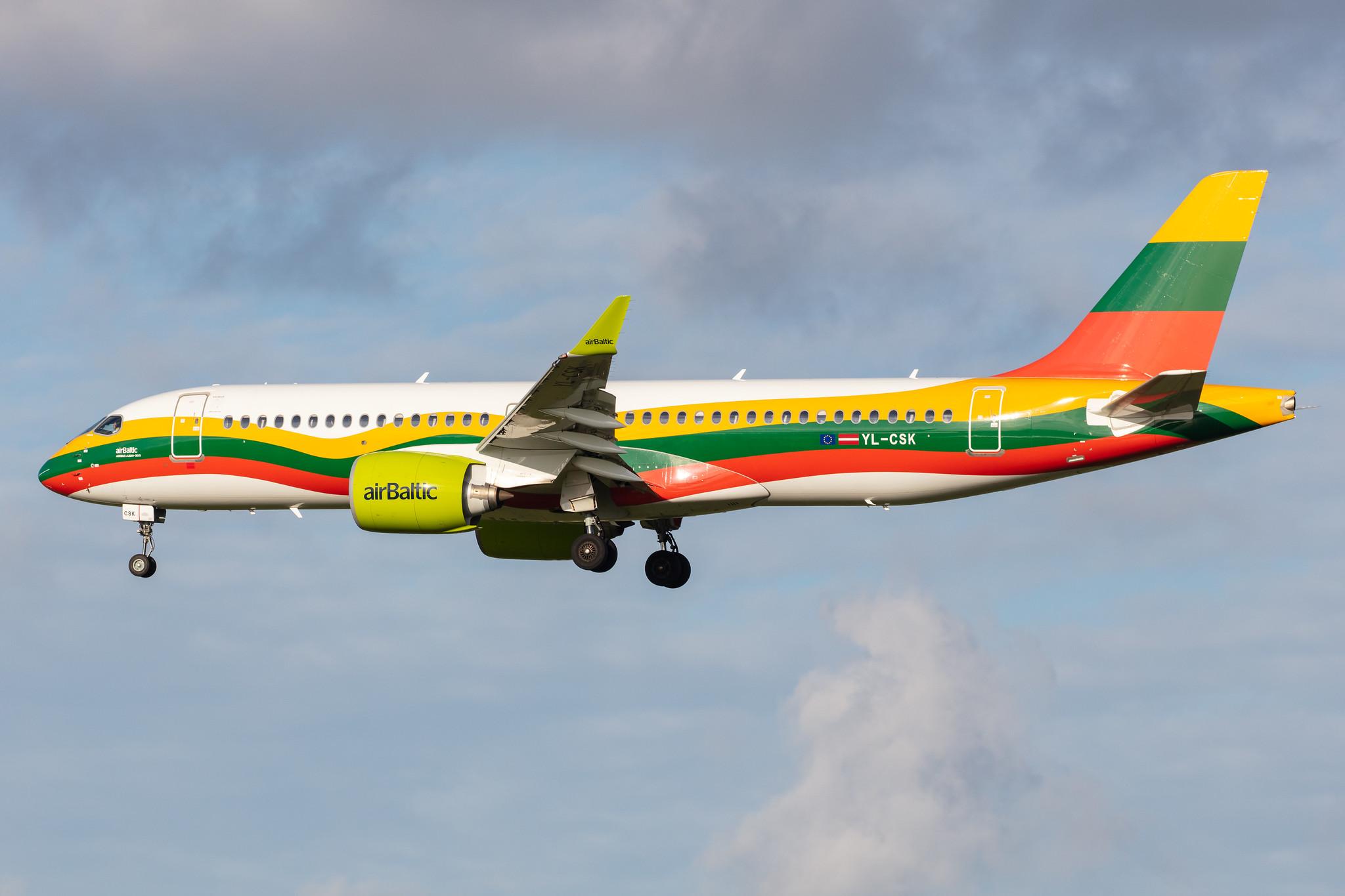 Amsterdam Airport Schiphol: Air Baltic (BT / BTI) |  Livery: Lithuanian Flag Livery |  Airbus A220-300 BCS3 | YL-CSK | MSN 55039