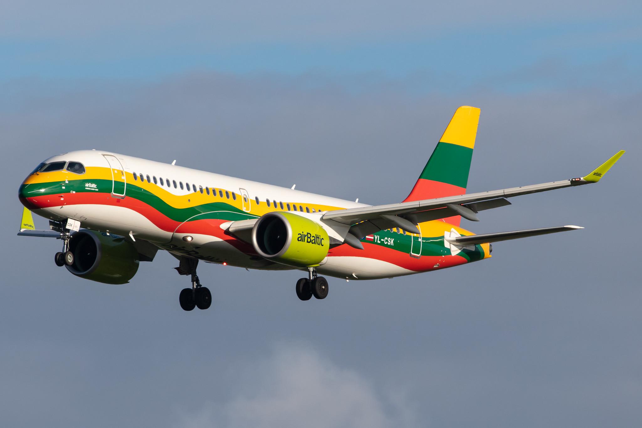 Amsterdam Airport Schiphol: Air Baltic (BT / BTI) |  Livery: Lithuanian Flag Livery |  Airbus A220-300 BCS3 | YL-CSK | MSN 55039