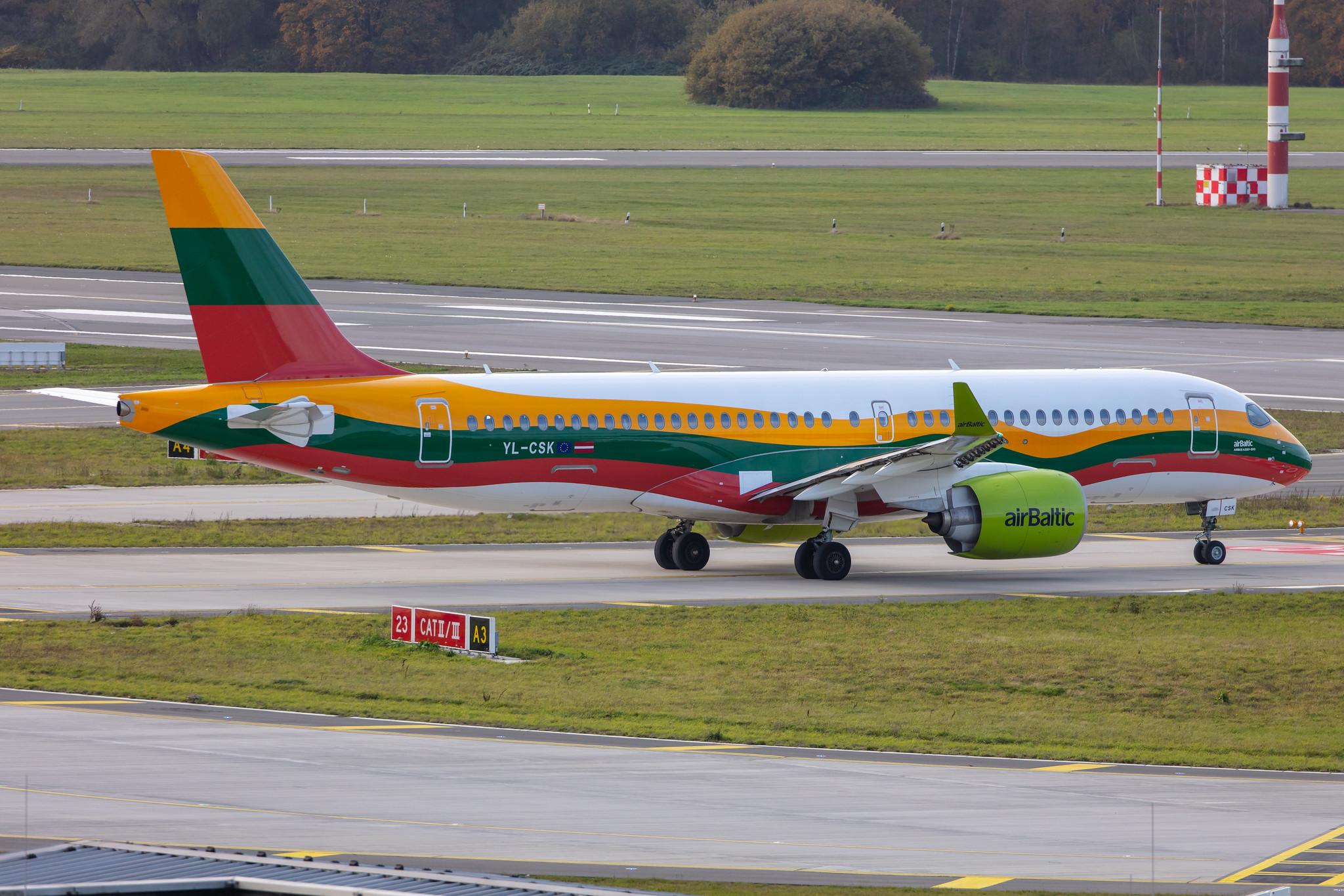 Hamburg Airport: Air Baltic (BT / BTI) |  Livery: Lithuanian Flag Livery |  Airbus A220-300 BCS3 | YL-CSK | MSN 55039