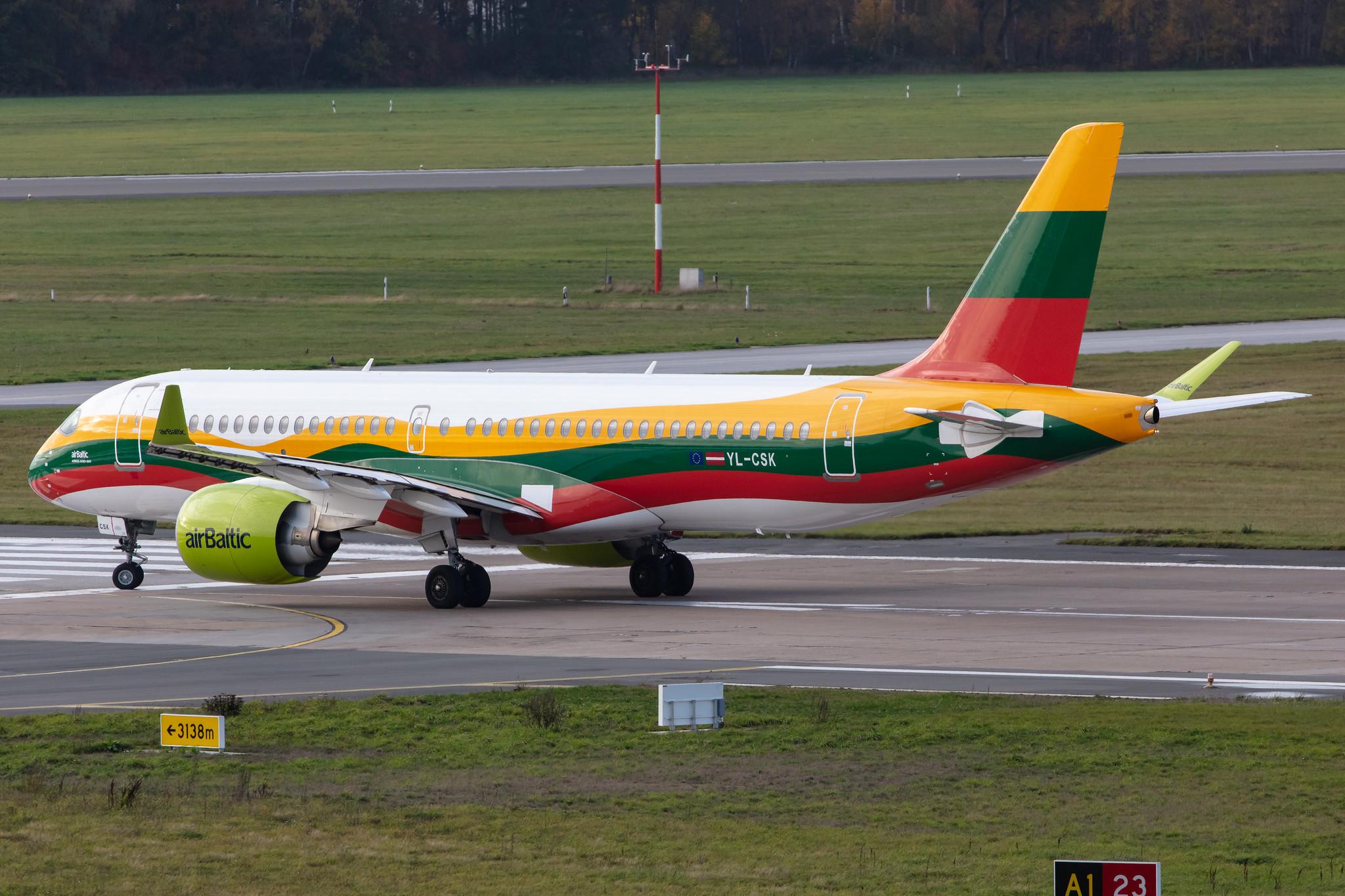 Hamburg Airport: Air Baltic (BT / BTI) |  Livery: Lithuanian Flag Livery |  Airbus A220-300 BCS3 | YL-CSK | MSN 55039