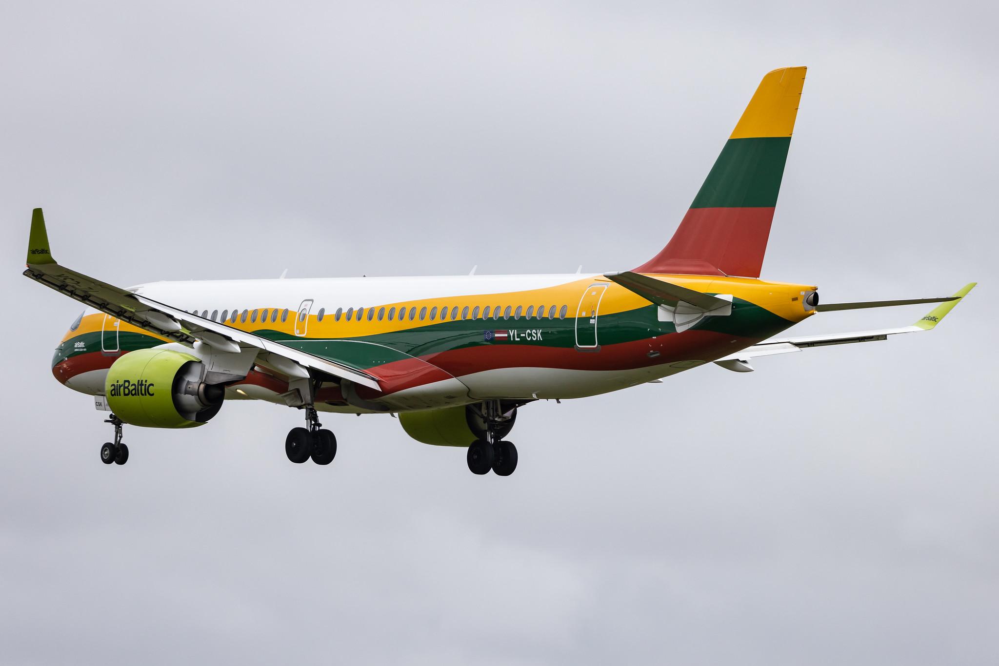 Hamburg Airport: Air Baltic (BT / BTI) |  Livery: Lithuanian Flag Livery |  Airbus A220-300 BCS3 | YL-CSK | MSN 55039