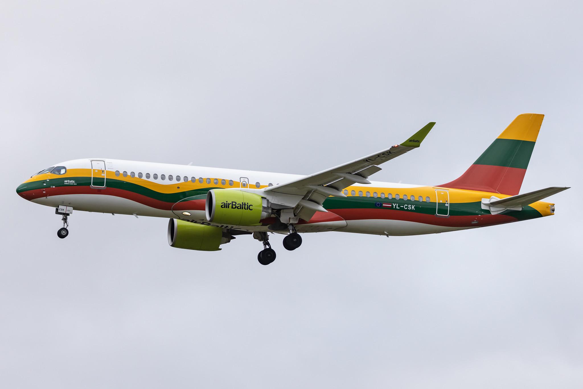 Hamburg Airport: Air Baltic (BT / BTI) |  Livery: Lithuanian Flag Livery |  Airbus A220-300 BCS3 | YL-CSK | MSN 55039