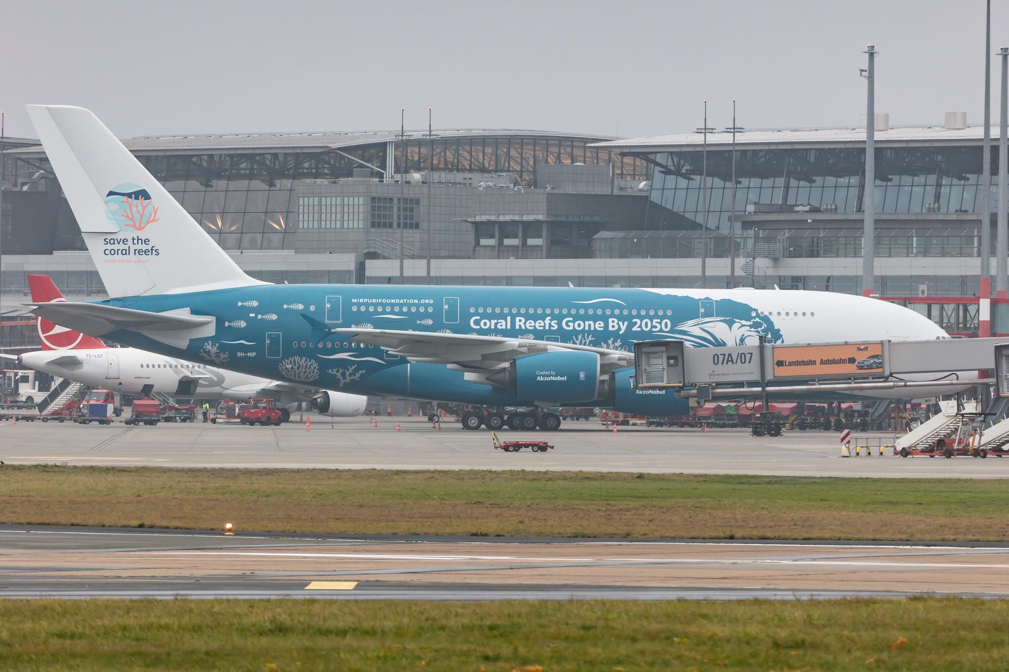 Hamburg Airport: Hi Fly (5K / HFY) |  Livery: Save the Coral Reefs Livery | Operator: Hi Fly Malta |  Airbus A380-841 A388 | 9H-MIP | MSN 006