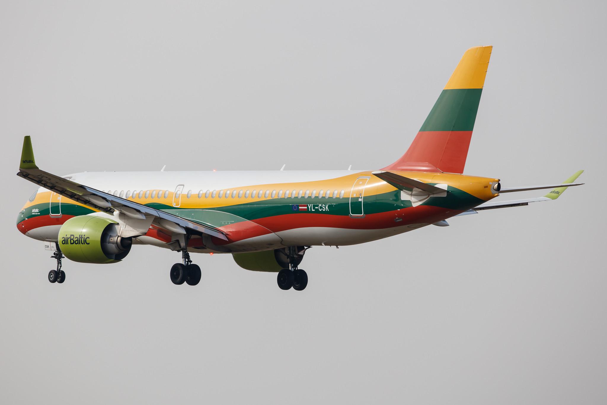 Hamburg Airport: Air Baltic (BT / BTI) |  Livery: Lithuanian Flag Livery |  Airbus A220-300 BCS3 | YL-CSK | MSN 55039