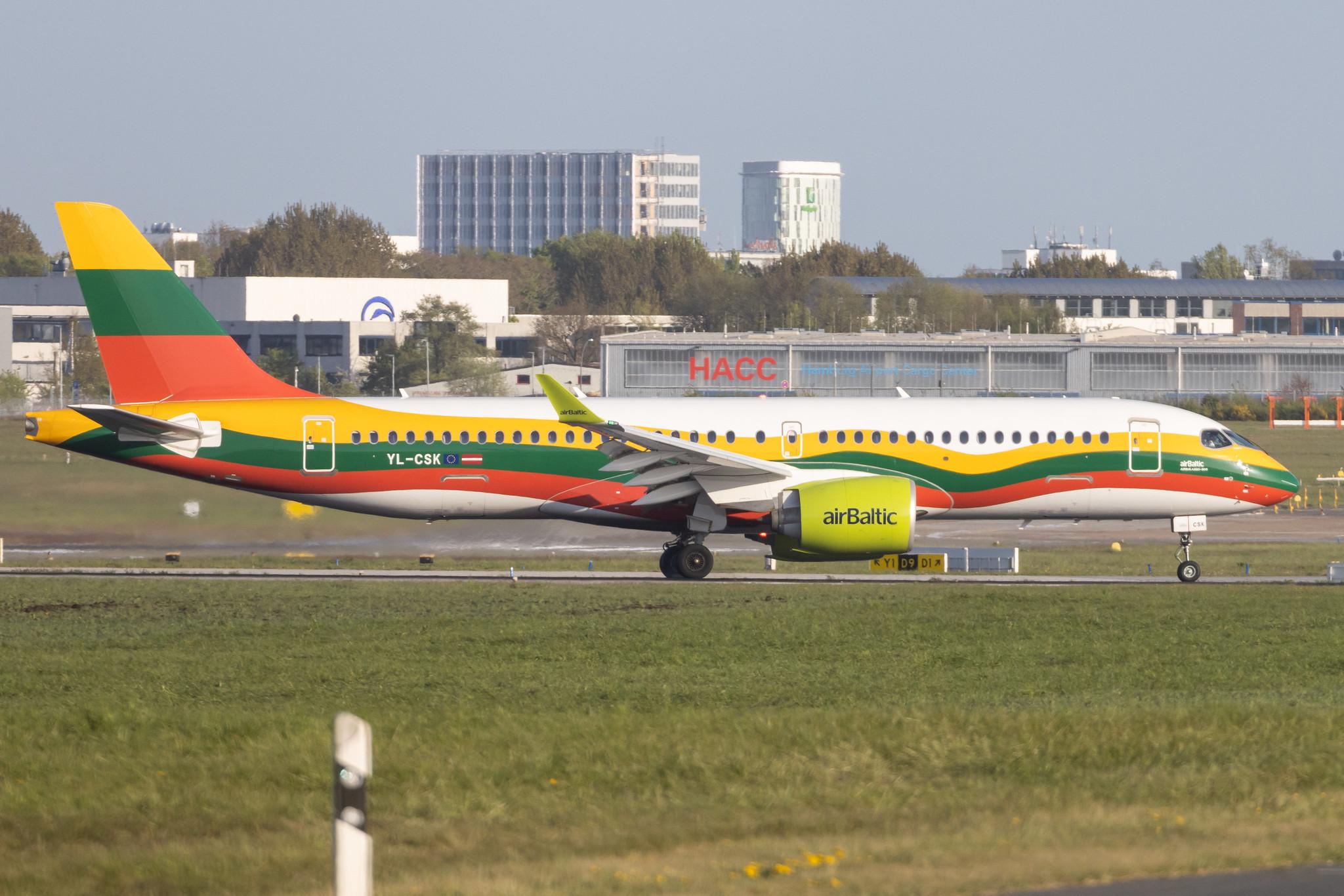 Hamburg Airport: Air Baltic (BT / BTI) |  Livery: Lithuanian Flag Livery |  Airbus A220-300 BCS3 | YL-CSK | MSN 55039