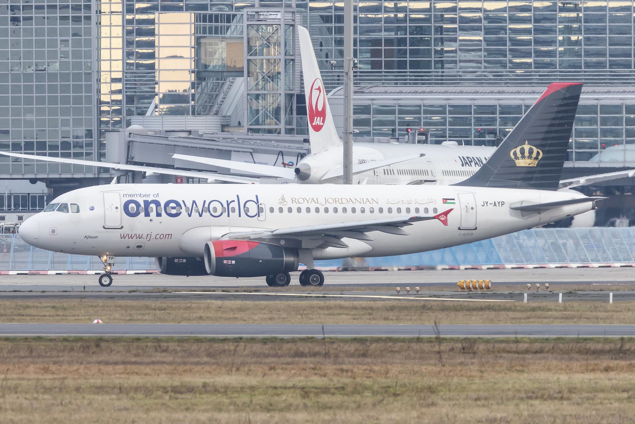 Frankfurt Airport: Royal Jordanian (RJ / RJA) |  Livery: Oneworld livery |  Airbus A319-132 A319 | JY-AYP | MSN 3832