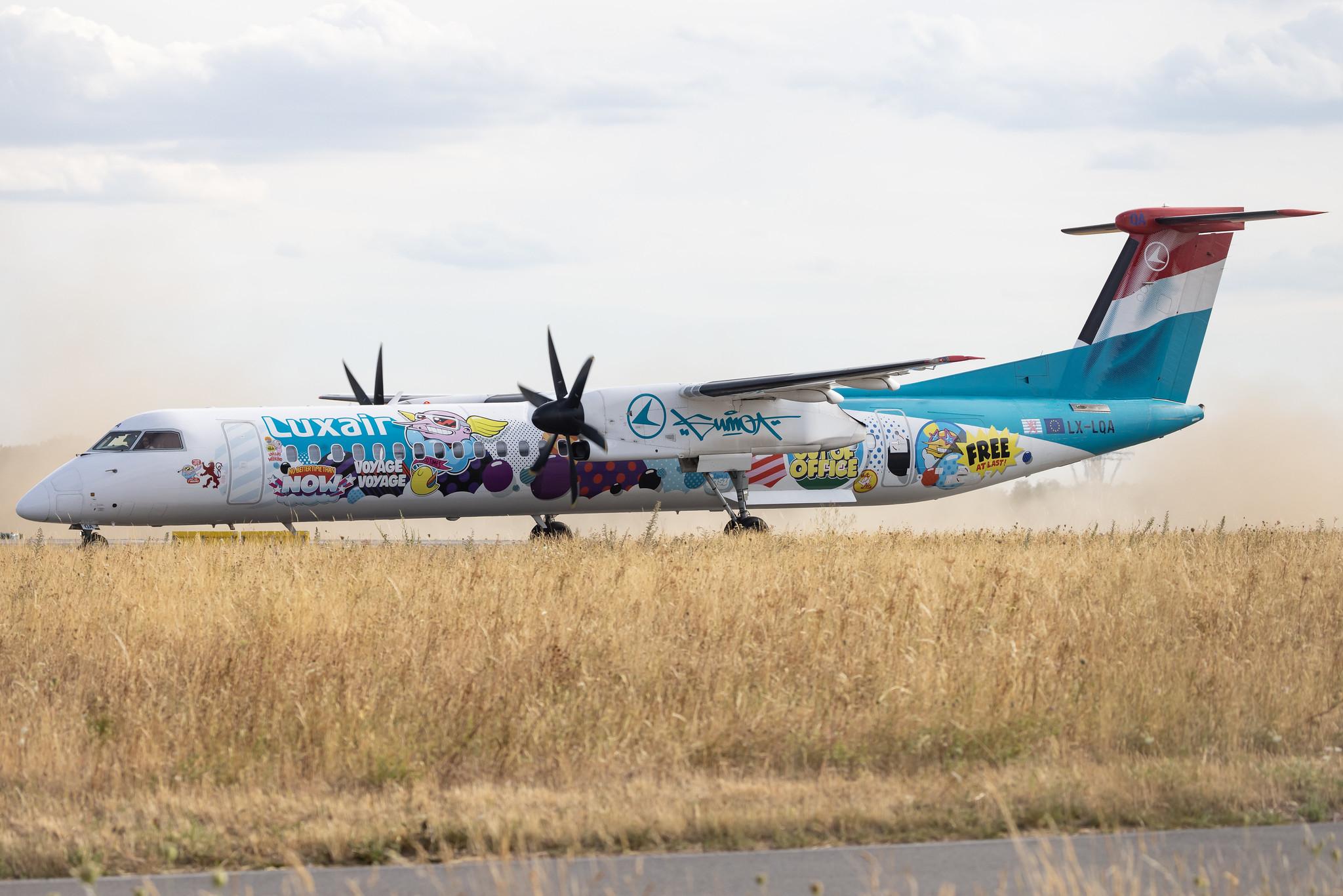 Luxembourg Findel Airport: Luxair (LG / LGL) | Livery: Sumo Artwork's Livery | De Havilland Canada Dash 8-400 DH8D | LX-LQA | MSN 4468