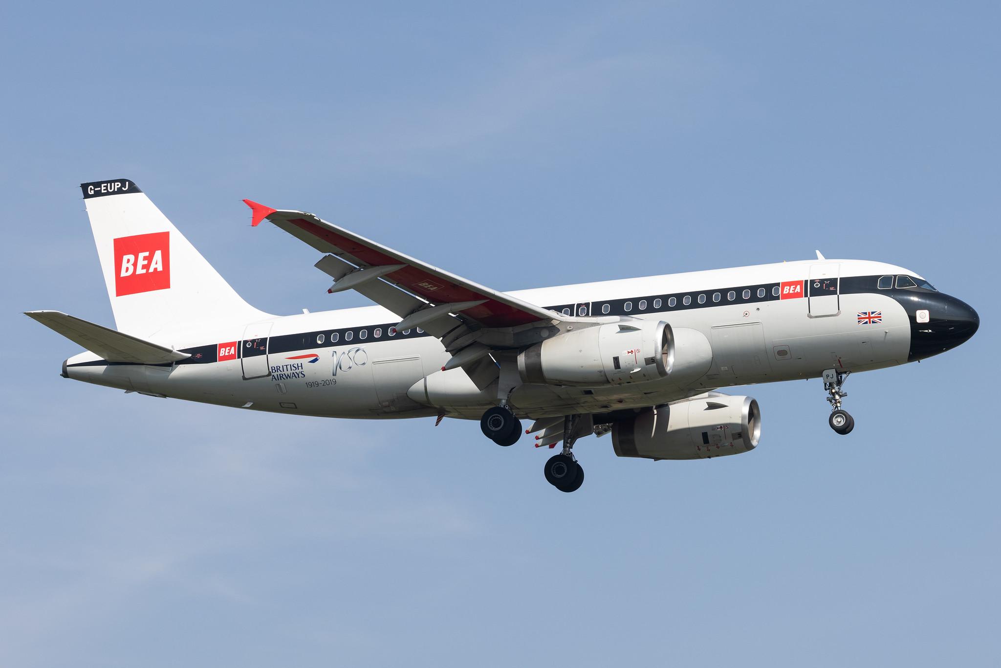 London Heathrow: British Airways (BA / BAW) |  Livery: BEA Retro Livery |  Airbus A319-131 A319 | G-EUPJ | MSN 1232