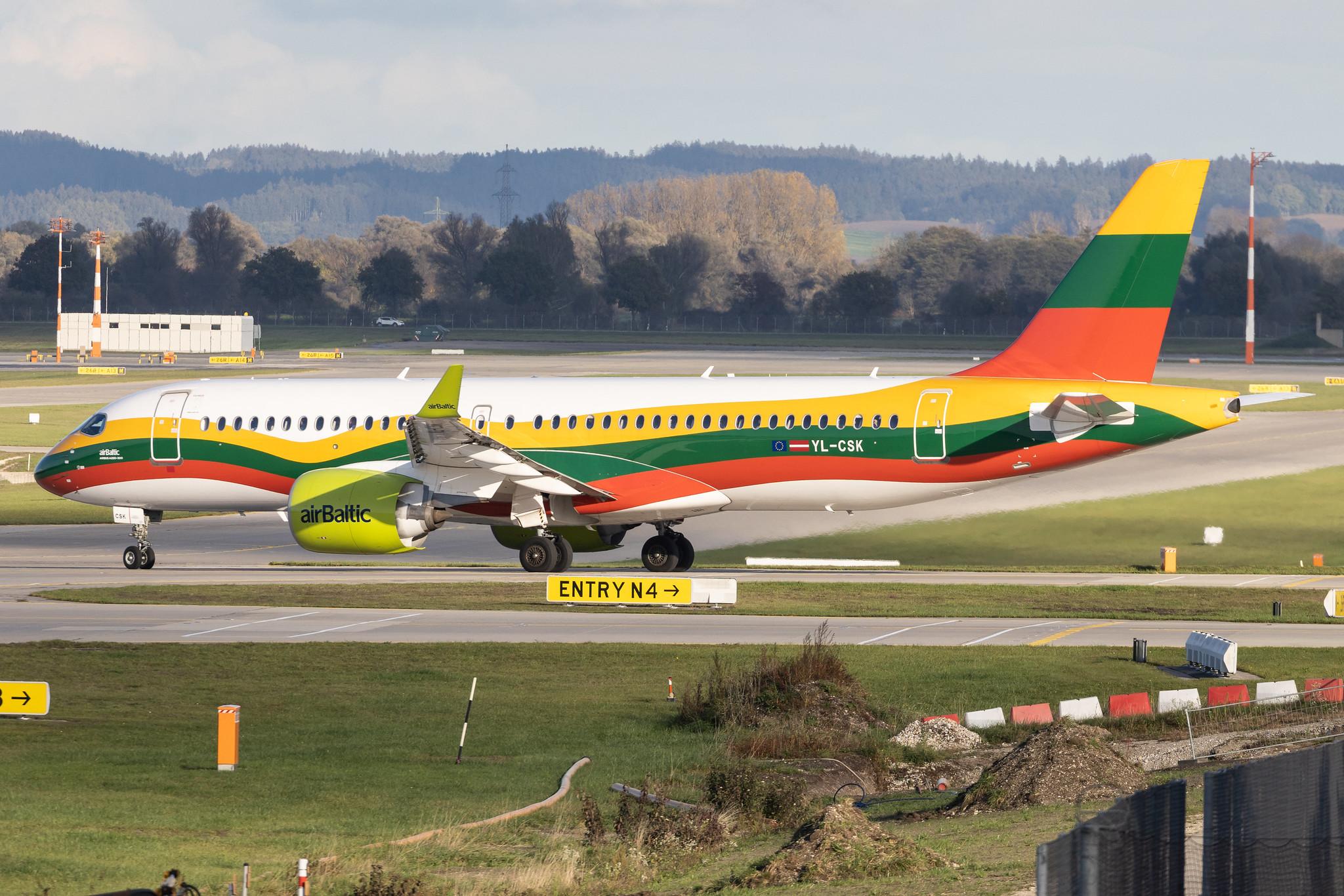 Munich Airport: Air Baltic (BT / BTI) | Livery: Lithuanian Flag Livery | Airbus A220-300 BCS3 | YL-CSK | MSN 55039