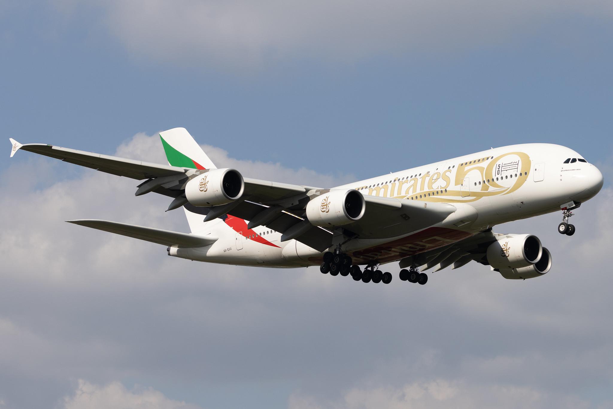 London Heathrow: Emirates (EK / UAE) |  Livery: Year of the Fiftieth Livery |  Airbus A380-842 A388 | A6-EUU | MSN 238