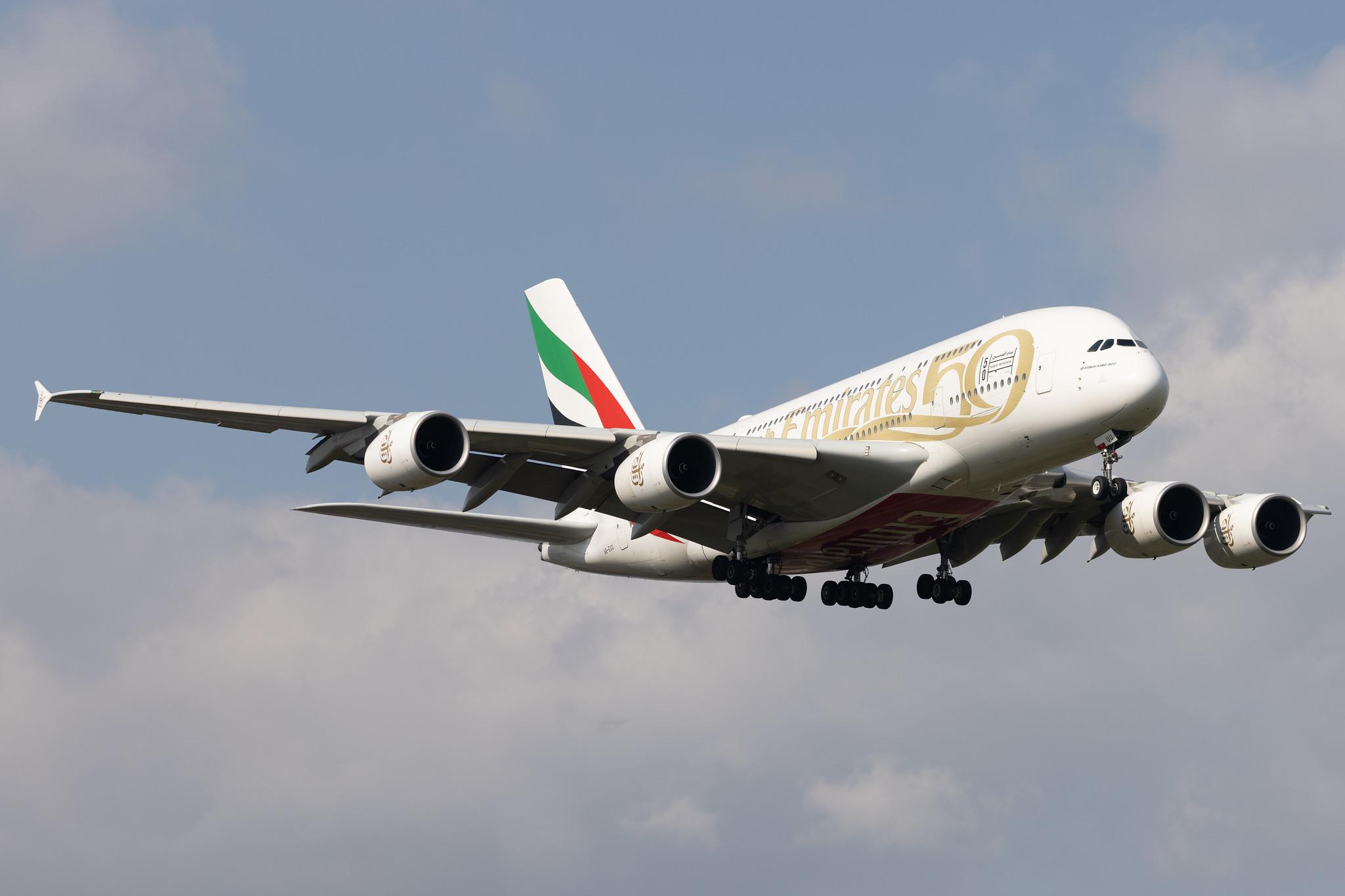 London Heathrow: Emirates (EK / UAE) |  Livery: Year of the Fiftieth Livery |  Airbus A380-842 A388 | A6-EUU | MSN 238