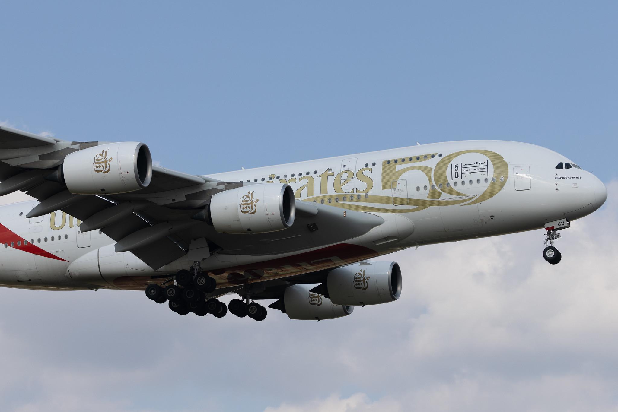 London Heathrow: Emirates (EK / UAE) |  Livery: Year of the Fiftieth Livery |  Airbus A380-842 A388 | A6-EUU | MSN 238