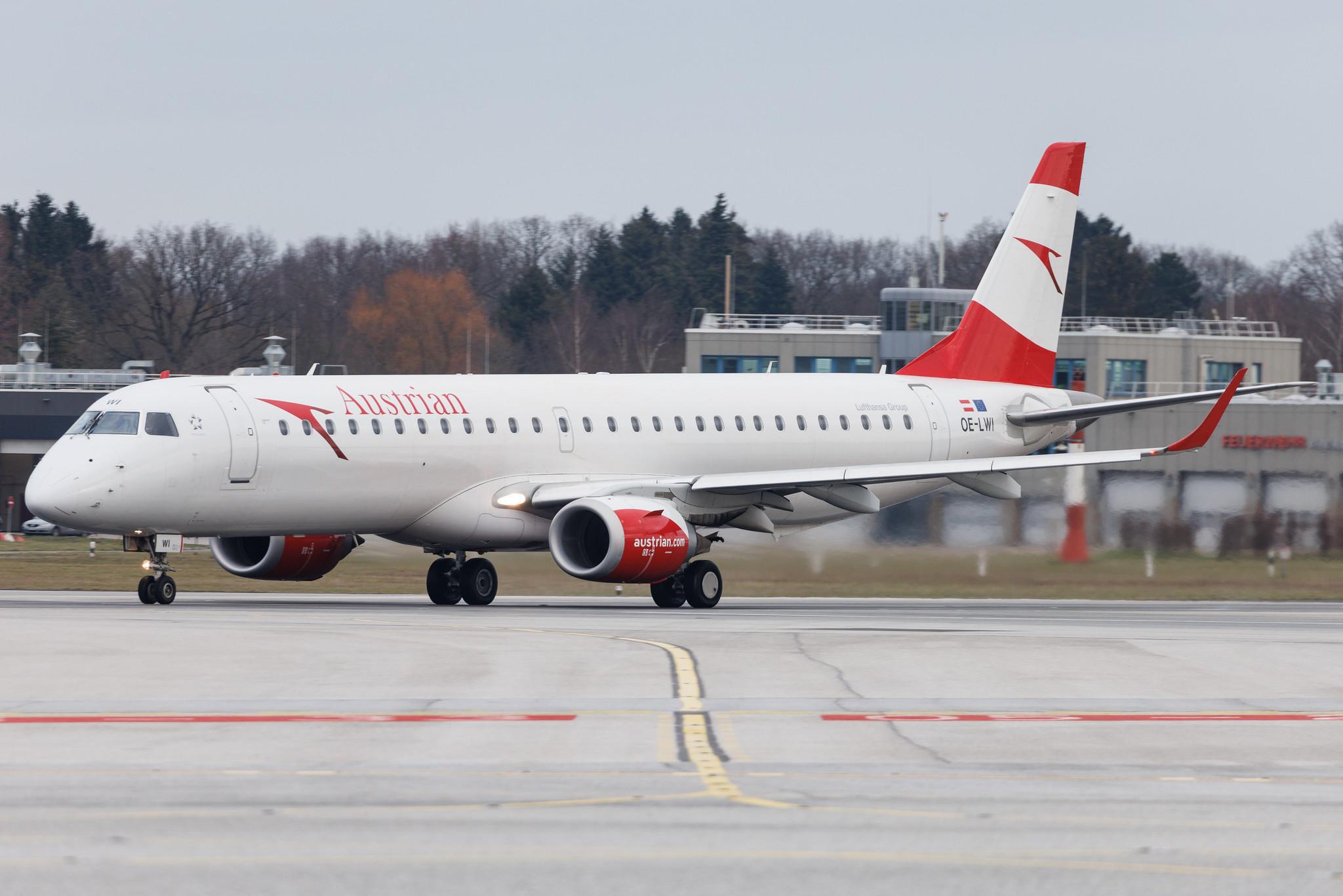 Hamburg Airport: Austrian Airlines (OS / AUA) | Embraer E195LR E195 | OE-LWI | MSN 19000500