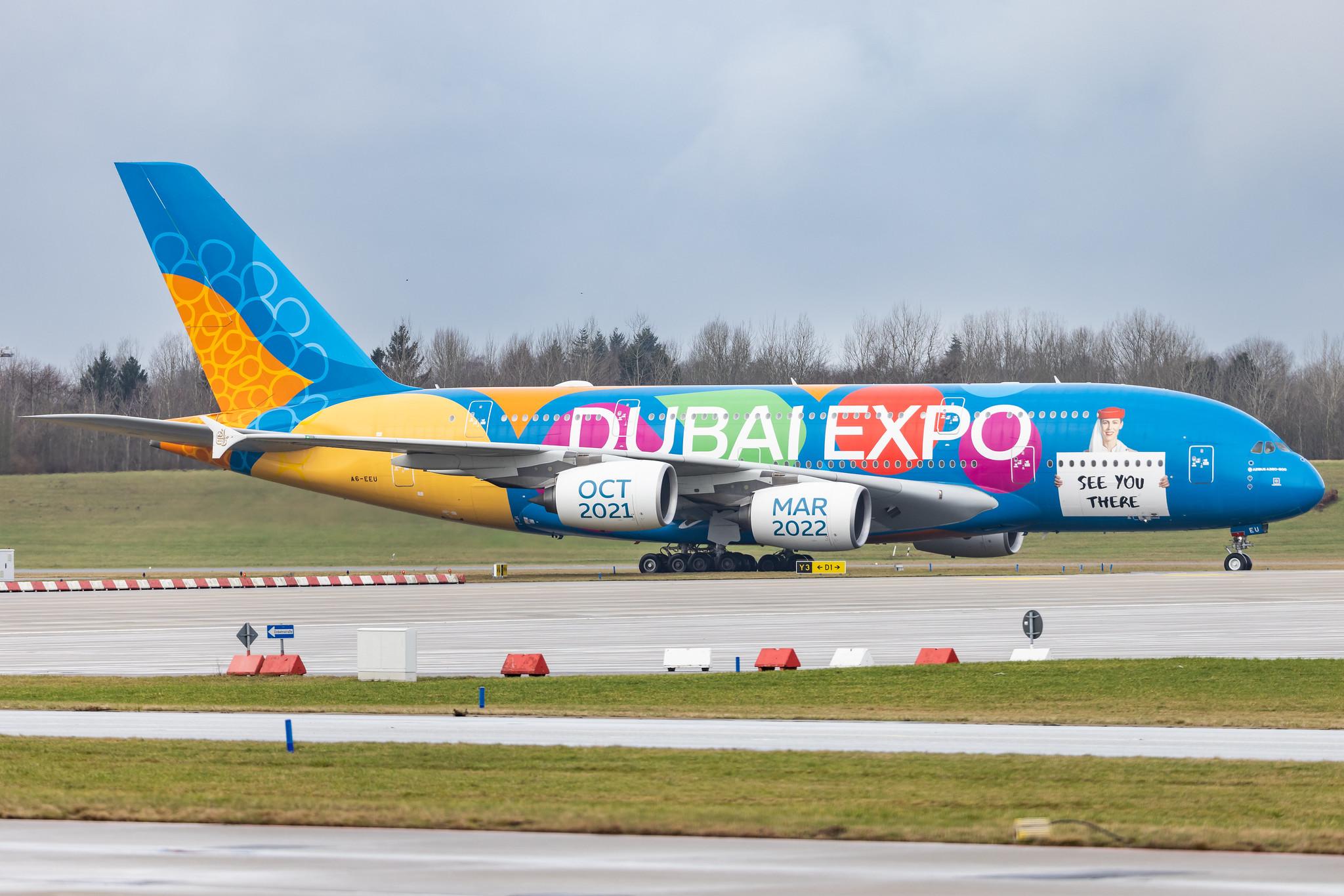 Hamburg Airport: Emirates (EK / UAE) |  Livery: Dubai Expo Livery |  Airbus A380-861 A388 | A6-EEU | MSN 147