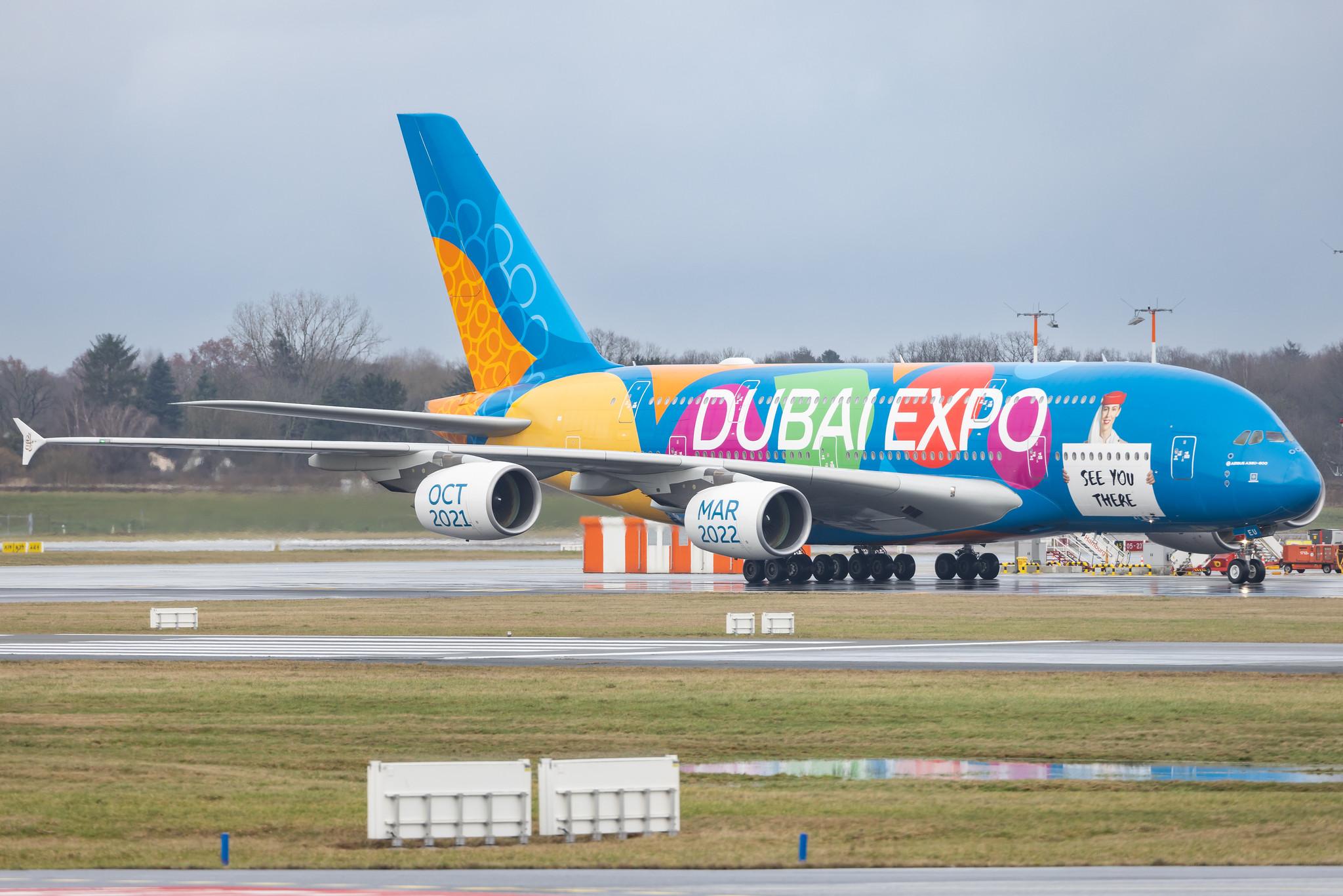 Hamburg Airport: Emirates (EK / UAE) |  Livery: Dubai Expo Livery |  Airbus A380-861 A388 | A6-EEU | MSN 147