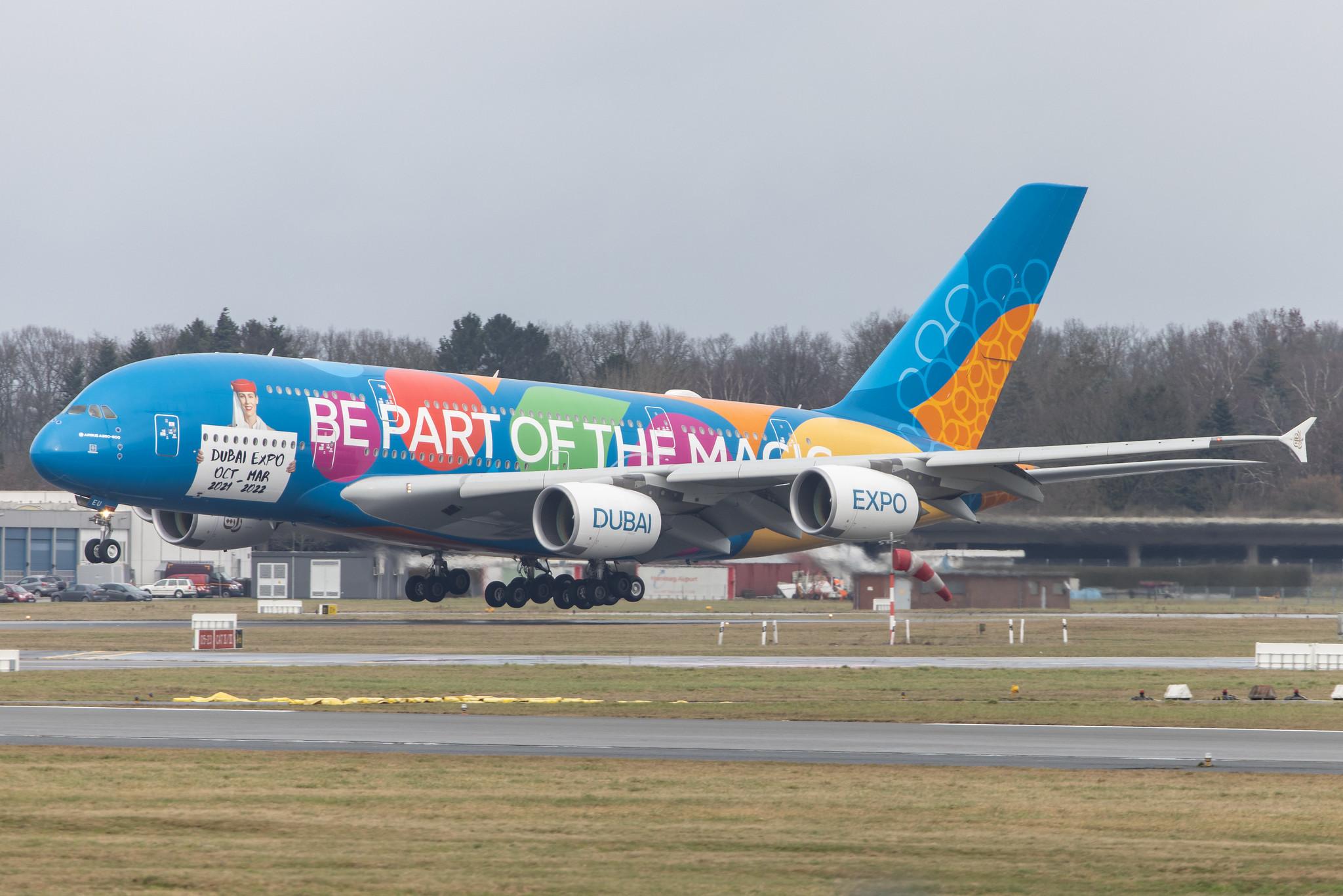 Hamburg Airport: Emirates (EK / UAE) |  Livery: Dubai Expo Livery |  Airbus A380-861 A388 | A6-EEU | MSN 147