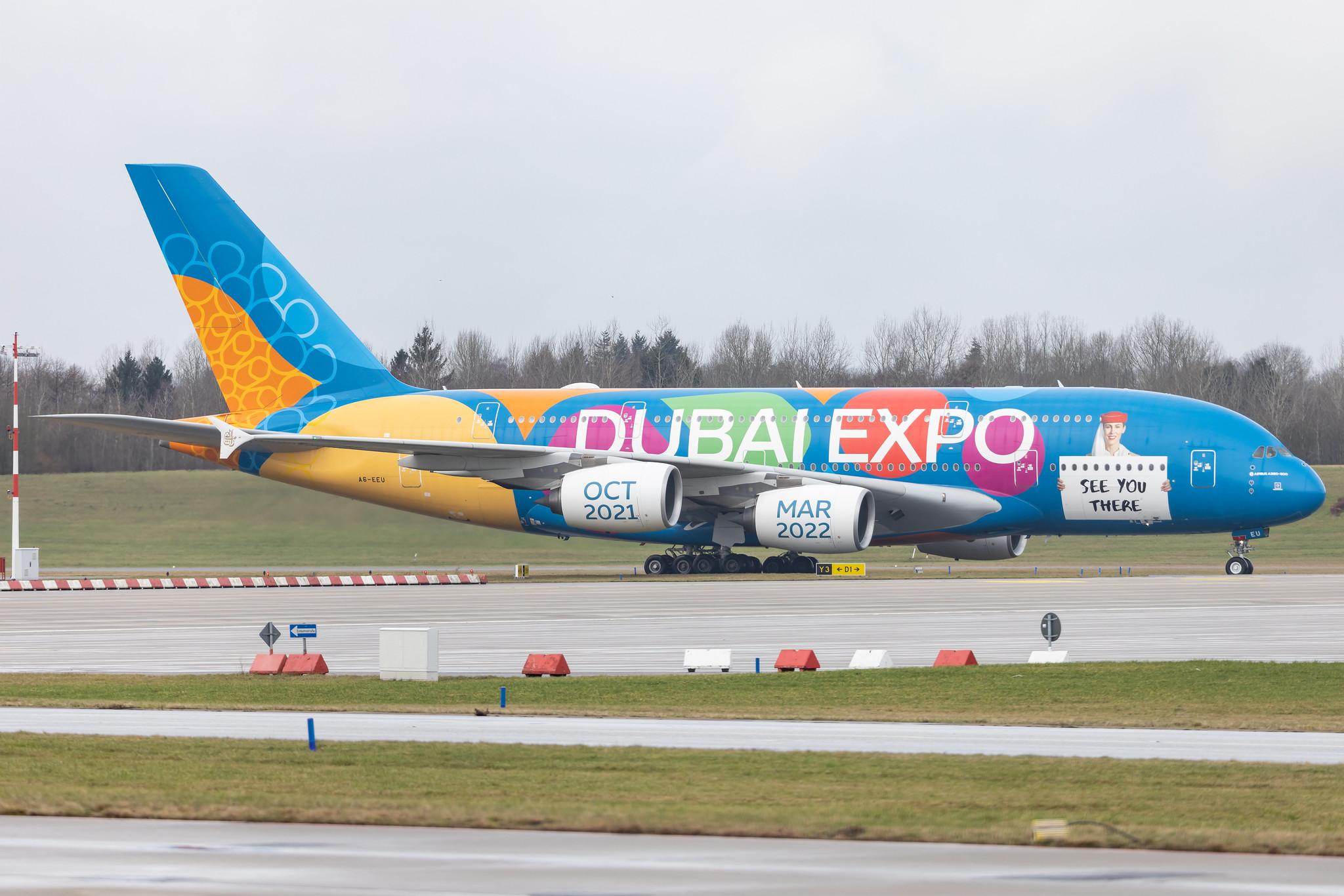 Hamburg Airport: Emirates (EK / UAE) |  Livery: Dubai Expo Livery |  Airbus A380-861 A388 | A6-EEU | MSN 147