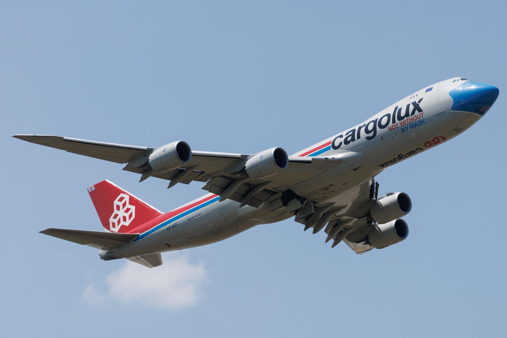 Luxembourg Findel Airport: Cargolux (CV / CLX) | Livery: Not without my mask Livery | Boeing 747-8R7F B748 | LX-VCF | MSN 35811
