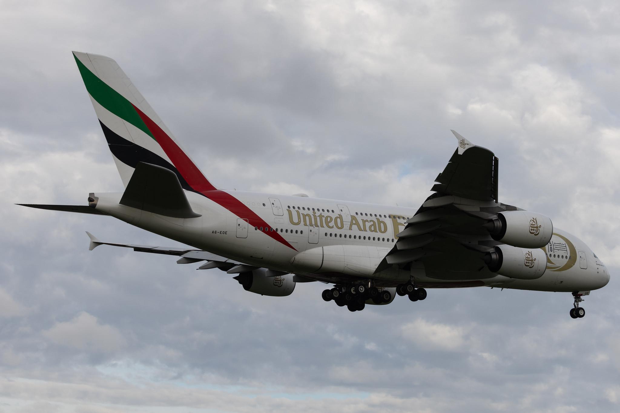 London Heathrow: Emirates (EK / UAE) | Livery: Year of the Fiftieth Livery | Airbus A380-861 A388 | A6-EOE | MSN 169