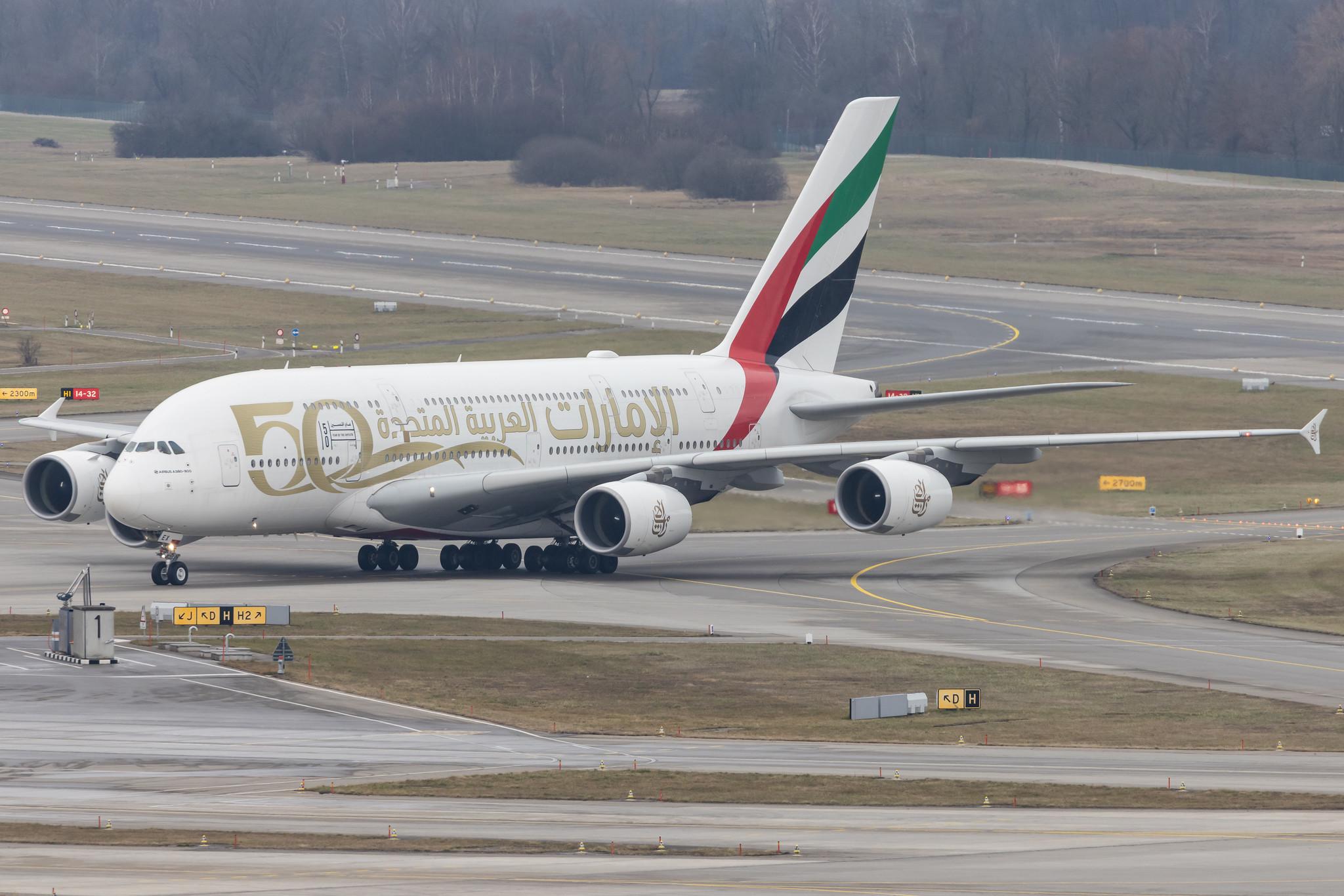 Flughafen Zürich: Emirates (EK / UAE) | Livery: Year of the Fiftieth Livery | Airbus A380-861 A388 | A6-EEX | MSN 154