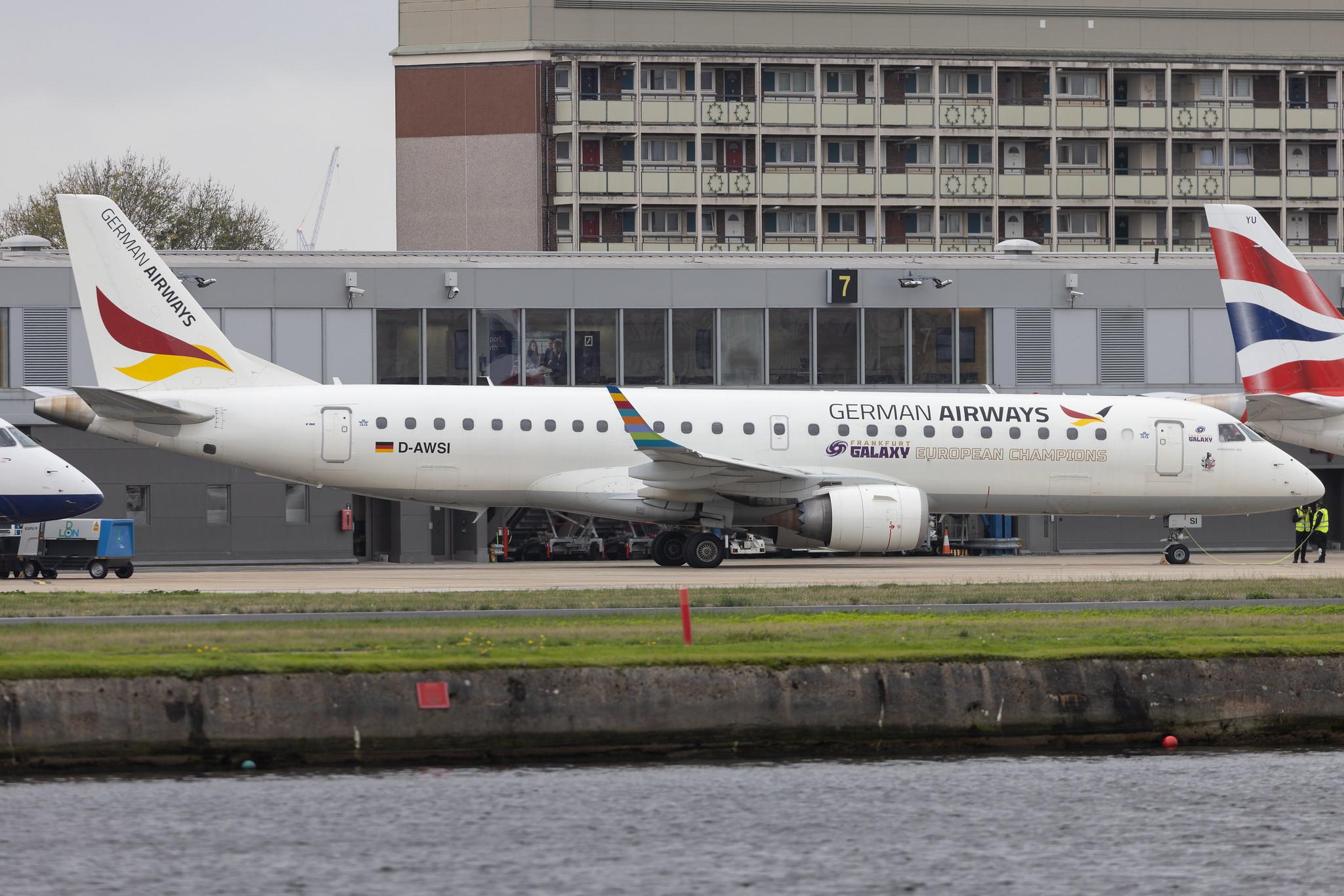 London City Airport: German Airways (ZQ / GER) | Embraer E190LR E190 | D-AWSI | MSN 19000074