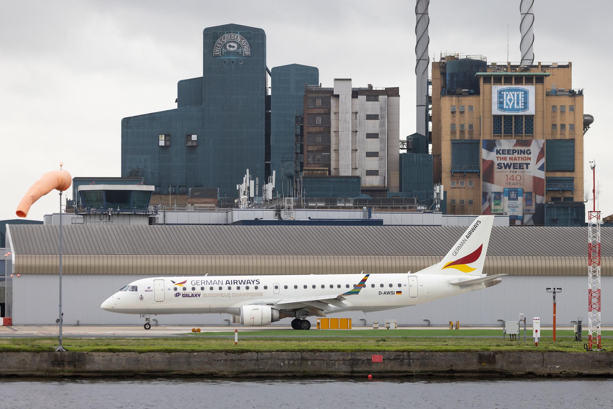 London City Airport: German Airways (ZQ / GER) | Embraer E190LR E190 | D-AWSI | MSN 19000074