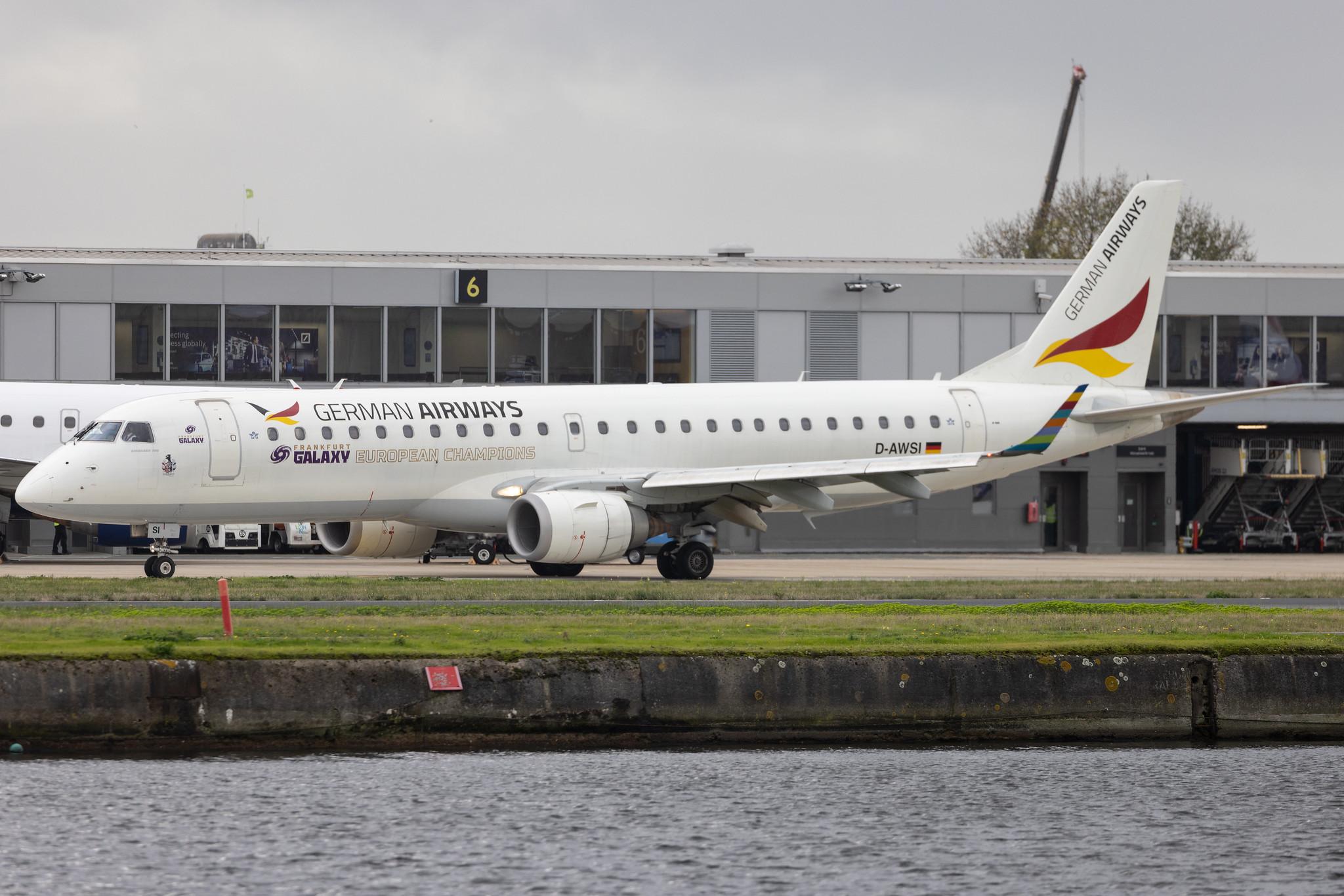 London City Airport: German Airways (ZQ / GER) | Embraer E190LR E190 | D-AWSI | MSN 19000074
