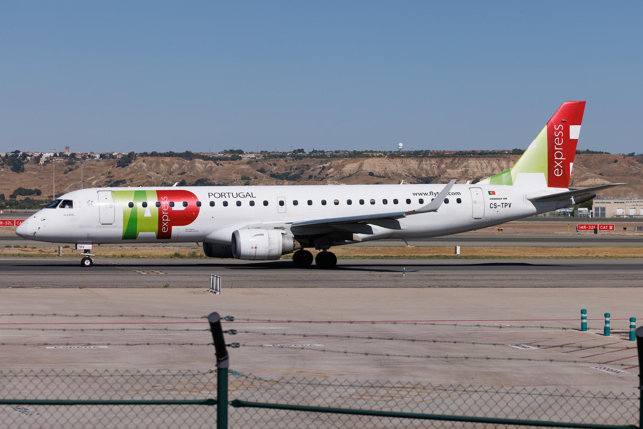 Madrid Barajas Airport: TAP Express (TP / TAP) | Operator: Portugália Airlines | Embraer E190LR E190 | CS-TPV | MSN 19000541