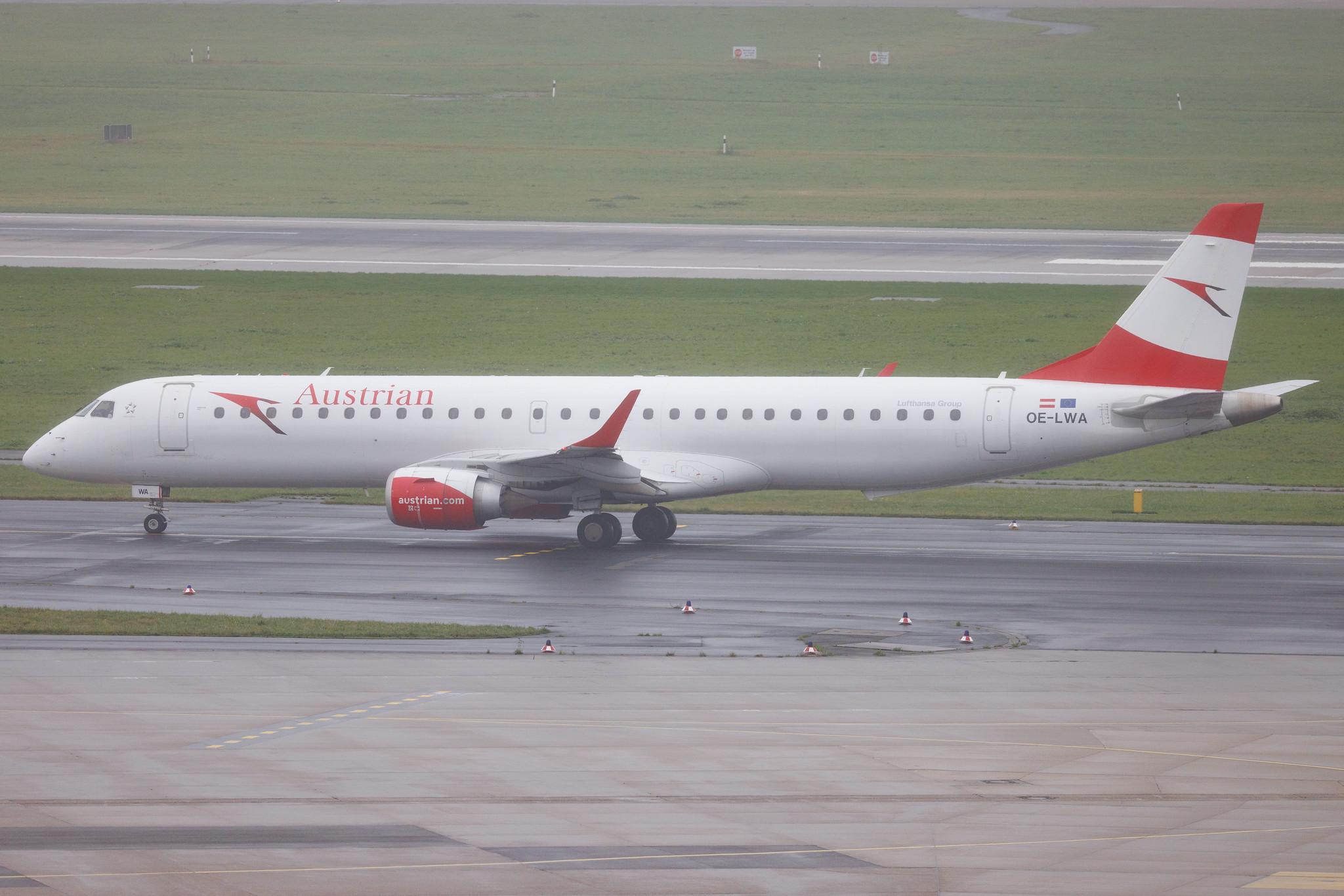Düsseldorf Airport: Austrian Airlines (OS / AUA) | Embraer E195LR E195 | OE-LWA | MSN 19000314