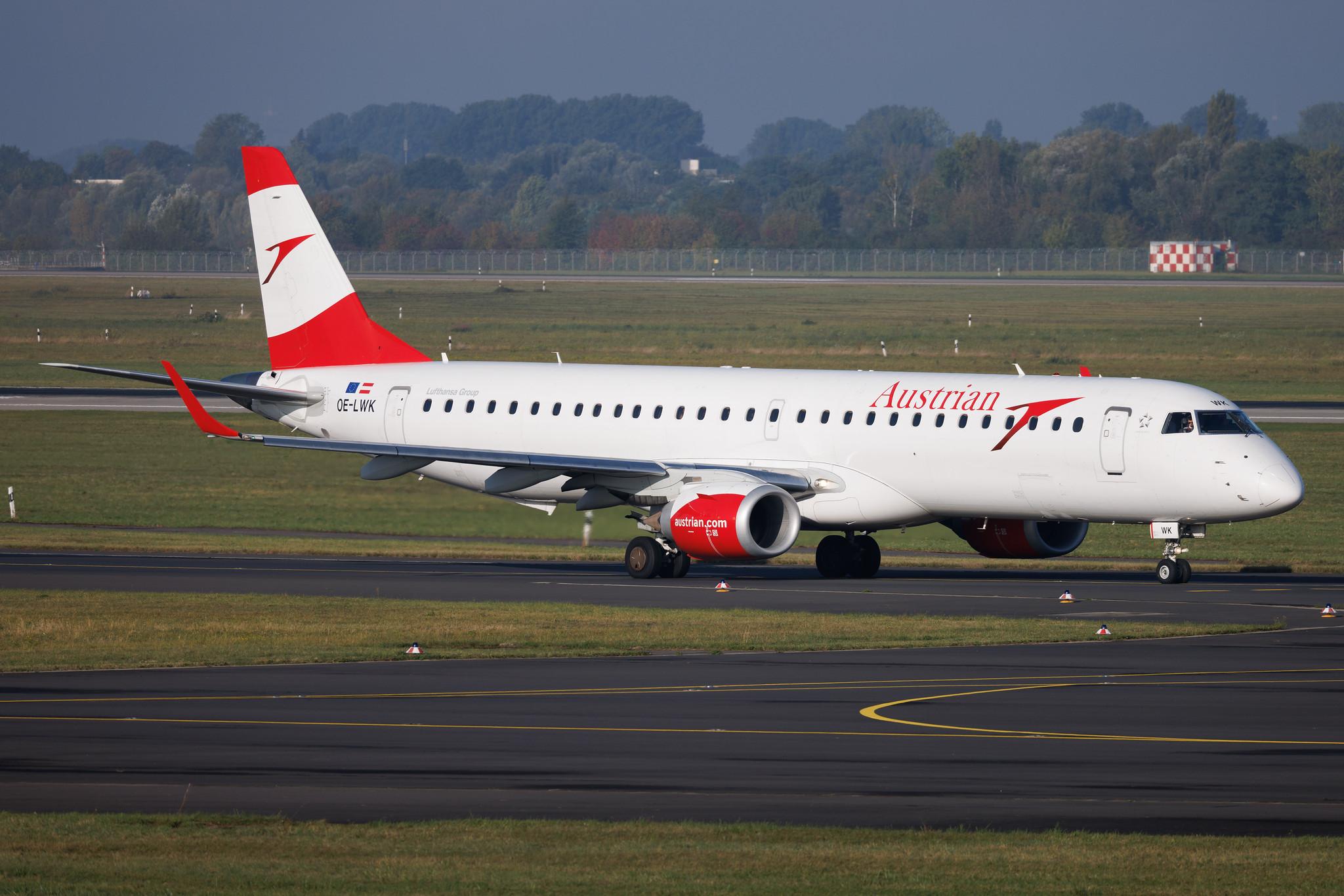 Düsseldorf Airport: Austrian Airlines (OS / AUA) | Embraer E195LR E195 | OE-LWK | MSN 19000523